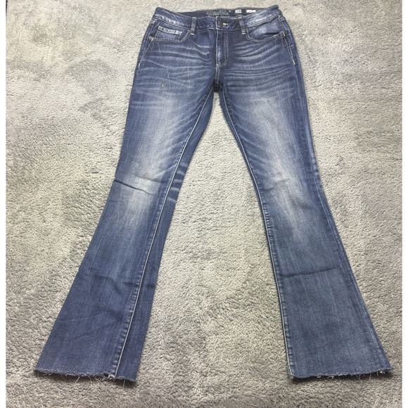 Miss Me Jeans 29 (30x31) Boot Distressed Embellished Raw Hem Cut Ankles Whiskers - Picture 2 of 16